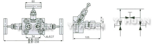 SF-2B integrative 3-Valve manifolds diagram and connecting dimensions